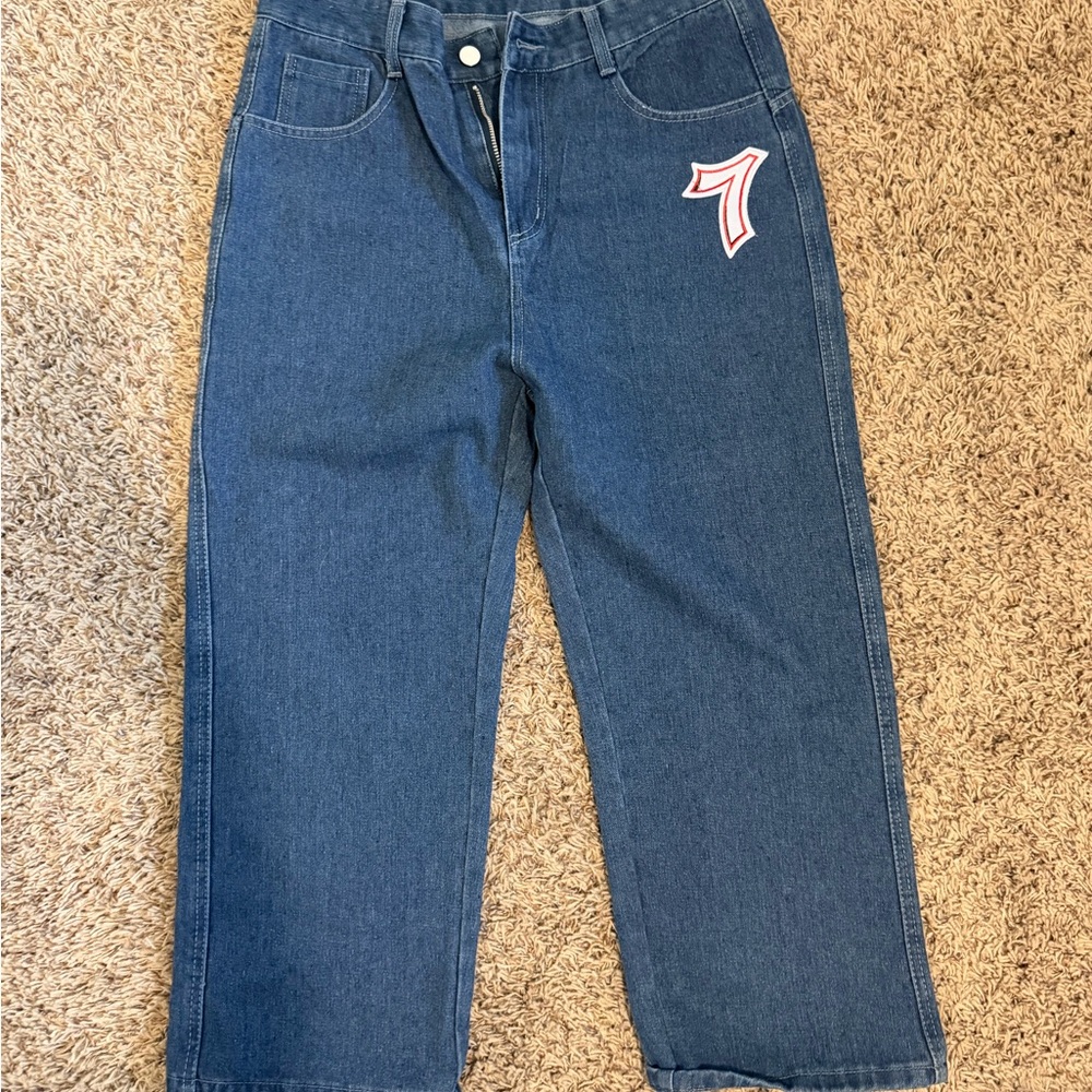 Dark Blue Denim Pants with Red & White Patch